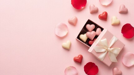 Pink Heart Shaped Chocolate Box with Rose Petals on Pink Background