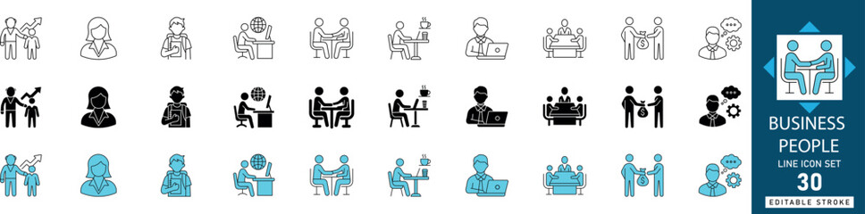 Business people line icon set featuring professional teamwork, corporate leadership, and diversity symbols. Ideal for HR apps, startup websites, and office presentations