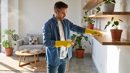 Man wearing yellow gloves cleaning a wooden shelf at home. Male doing domestic housework and dusting furniture in a modern living room with plants