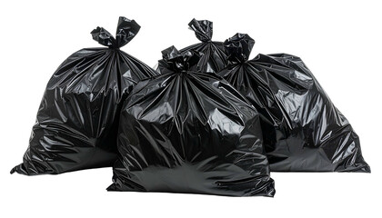 Four black plastic bags filled and tied closed, isolated on black background