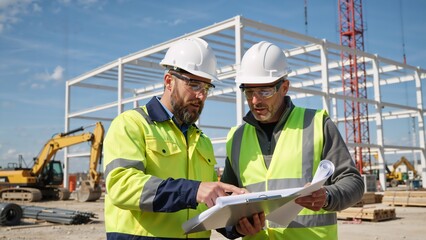 Two construction engineers discussing a blueprint on a building site. Architect and foreman collaborating on a project plan