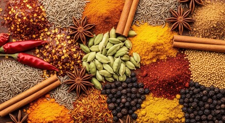 Colorful overhead spice, herb, and nut assortment in wooden utensils