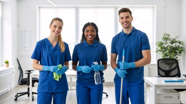 Diverse team of professional cleaners smiling in a modern office. Janitorial staff with equipment ready for commercial cleaning service