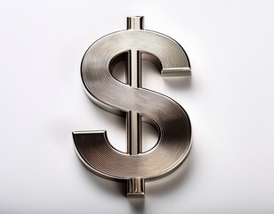 a reflective metallic dollar sign is isolated against a solid white background giving it a modern and almost digital look