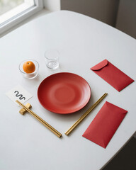 Contemporary Minimalist Chinese New Year Table Setting with Snake Symbol and Clean Design