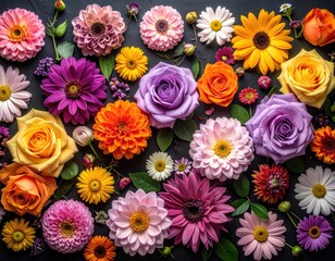 Vibrant blooms arranged on dark surface create a floral tapestry