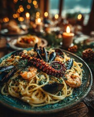 Festive Seafood Pasta with Warm Candlelight