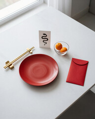 Contemporary Minimalist Chinese New Year Table Setting with Snake Symbol and Clean Design