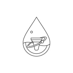A sleek line art illustration depicts a water drop containing an intricate filtration system, symbolizing advanced purification technology and environmental science.