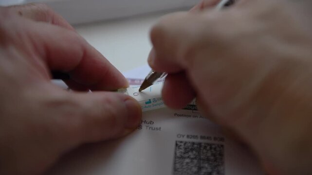 Writing the date the sample was collected on the sample container of the Bowel Cancer Screening Programme home test kit.