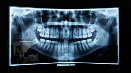 Panoramic dental X-ray of human teeth and jaw on a monitor. Digital radiography scan for dentistry diagnosis
