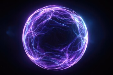 Illuminated, spherical energy field radiating in shades of purple and blue on a dark background