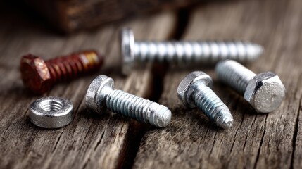 Artistic arrangement of assorted shiny screws, nails, and bolts on a dark, rough-hewn wood table