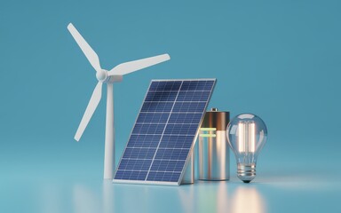 Renewable energy sources including wind turbine, solar panel, battery, and light bulb on a blue background