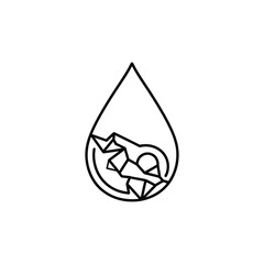 This minimalist line art illustration depicts a delicate water droplet containing fragmented, abstract shapes, symbolizing fragility and environmental concerns.