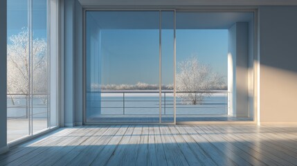 Fototapeta premium Modern minimalist interior with winter lake view and large glass windows for home decor inspiration