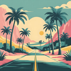 Retro Travel Poster Vector Illustration with Palm Trees