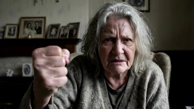 A portrait of an elderly woman with grey hair sitting in an armchair, looking directly at the camera with an angry expression and holding up a clenched fist