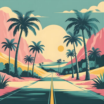 Retro Travel Poster Vector Illustration with Palm Trees