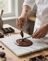 Artisan Chocolatier Tempering Dark Chocolate in Small Batch Workshop - Bean-to-Bar Craft