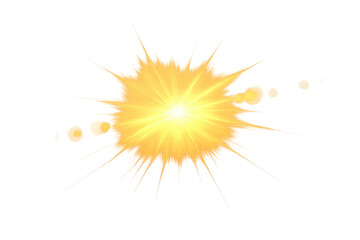 Golden light explosion with bright sun rays and lens flare effect on transparent background creating abstract energy burst