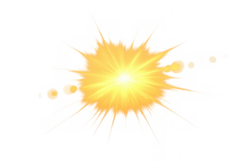 Golden light explosion with bright sun rays and lens flare effect on transparent background creating abstract energy burst