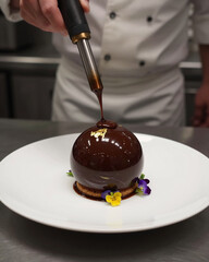 Molecular Gastronomy Chocolate Sphere Dessert with Gold Leaf - Fine Dining Innovation