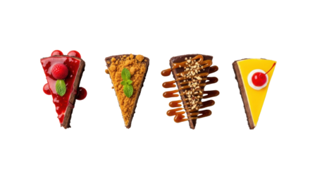 Four decadent dark chocolate cheesecake slices, each on a white plate, with diverse toppings: raspberry, crumble, caramel nuts, and lemon glaze, on a transparent studio background. Gourmet dessert