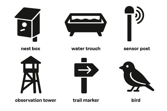 Urban Wildlife Tools Icons. Solid style icons of urban wildlife tools: nest box, water trough, sensor post, observation tower,