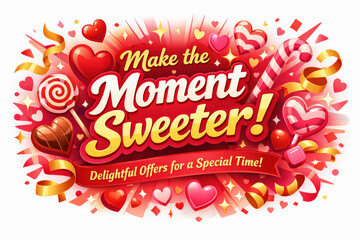 Sweet Festive Delight. Modern holiday banner with short greeting slogan, vibrant romantic promo banner sweetening a special moment