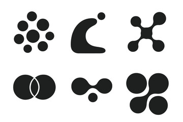 Mercury Flow Design. Solid style icons of mercury-inspired flow design: bead clusters, liquid arcs, network droplets, fusion lines