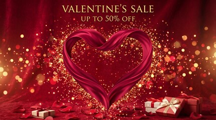 Valentine's Sale Banner with Red Silk Heart and Golden Glitter on Velvet Background