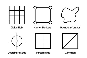 Digital Territory Icons. Line vector icons of online territory grid: digital field, corner markers, boundary contour, coordinate