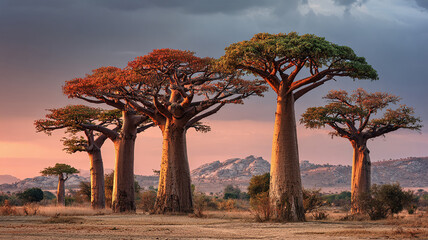 Naklejka premium Majestic baobab trees stand tall against a vibrant sunset, their unique shapes creating a picturesque scene. The sky is a blend of colors, adding beauty to the view.
