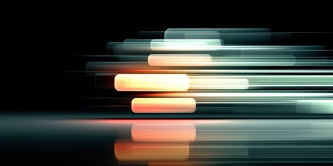 Fast moving horizontal light bars with motion blur and reflections for futuristic speed concepts.

