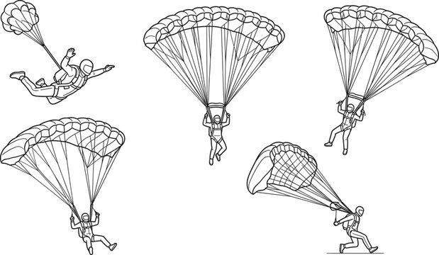 Parachute jump sequence vector with skydiver freefall, chute deployment, maneuvering, and landing stages illustration