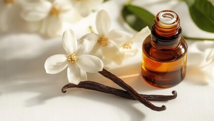 A bottle of essential oil next to vanilla pods and delicate white flowers, creating a serene and aromatic arrangement.