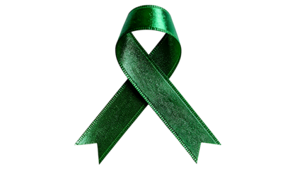 A textured, deep green ribbon tied in a loop, representing awareness, against a black backdrop