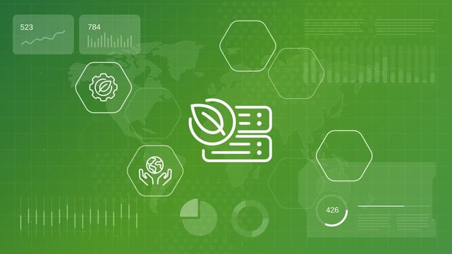 Eco friendly server infrastructure and green data center technology sustainability icons and world map digital monitoring interface