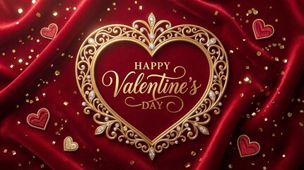 Happy Valentine's Day Gold Ornate Heart on Red Velvet Background