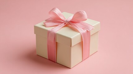 Fototapeta premium Elegant gift box with a beautiful light pink ribbon against a soft pink backdrop. Perfect for birthdays, anniversaries, or any special occasion, symbolizing care and joy.