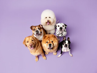 A cheerful top‑down portrait shows a mixed group of friendly dogs&mdash;Labrador, bulldog, chow chow, Boston terrier, Dalmatian, and a fluffy bichon frise&mdash;on a lavender background with generous copy space.﻿