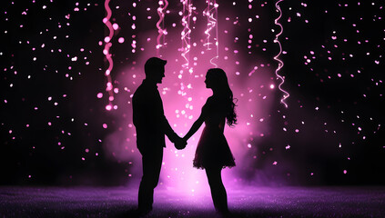 Romantic Couple Silhouette Under Pink Sparkling Lights