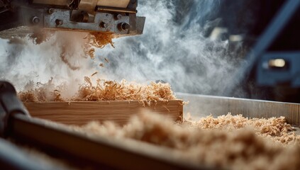 Close-up of woodworking machinery milling wood, creating sawdust and steam