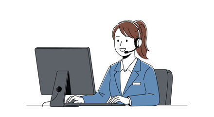 A friendly female customer service representative with a headset smiles while working at her computer in a call center.