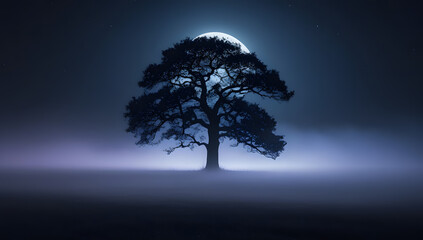 Silhouetted Tree Under Moonlight in Misty Forest