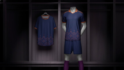 Mannequin wearing sports uniform standing in locker room with jersey hanging on wall