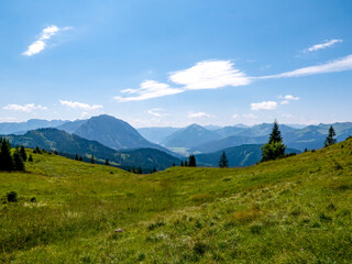 View from the Blauberge mountains in Tyrol towards the south. You can see the Guffert and, in the distance, a small part of Lake Achensee.