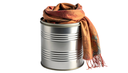 A colorful patterned scarf draped over a silver cylindrical can, with a dark backdrop