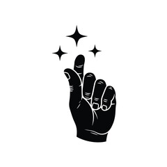 Vector illustration icon black hand gesture with sparkling stars rising from the index finger isolated on